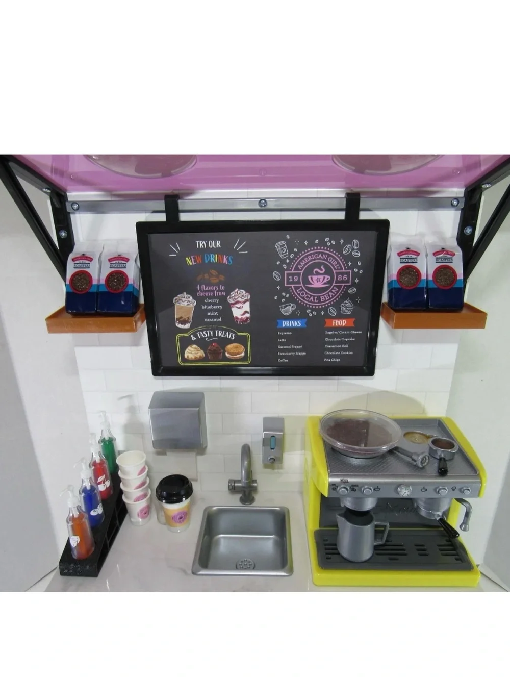 American Girl Local Bean Coffee Shop Play Counter with Yellow Espresso Machine